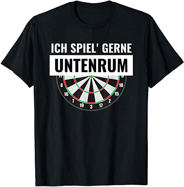 Dunkles Darts T-Shirt mit Spruch Ich spiel gern untenrum und halbem Dartscheiben-Motiv