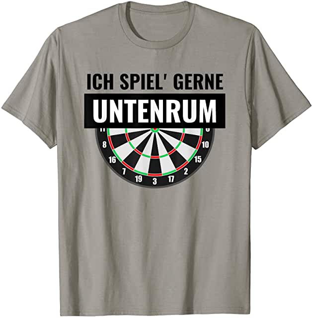 Helles Darts T-Shirt mit Spruch Ich spiel gern untenrum und halbem Dartscheiben-Motiv