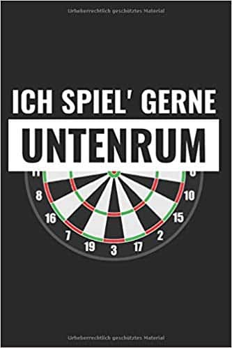 Darts Notizbuch mit Spruch Ich spiel gern untenrum und halbem Dartscheiben-Motiv